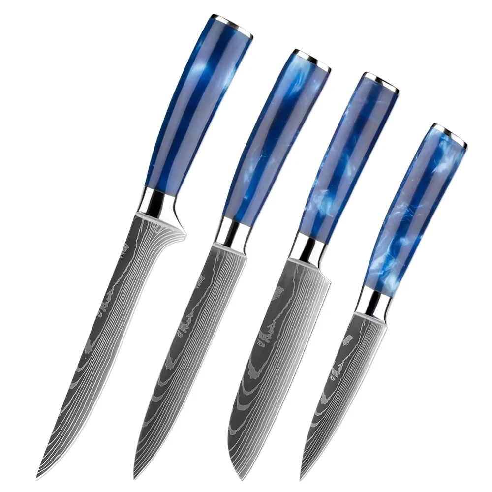 Stainless Steel Small Kitchen Knife Paring Knife Set 1-4PCS Damascus Pattern Sharp Fruit Santoku Boning Knife Blue Resin Handle