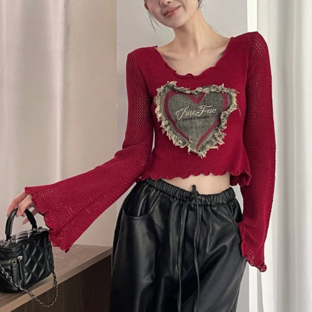 

Autumn/winter New Sweater Slim Long Sleeve Knitted T-shirt Women's Sexy Cropped Tops Crew Neck Denim Patchwork Design Pullovers