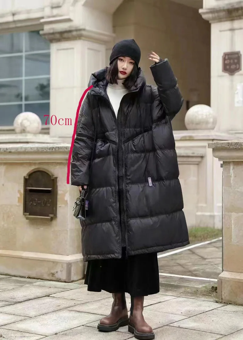 Schinteon Women White Duck Down Jacket with Hood Autumn Winter Warm Long Outwear Over Size Loose Coat 2026 New