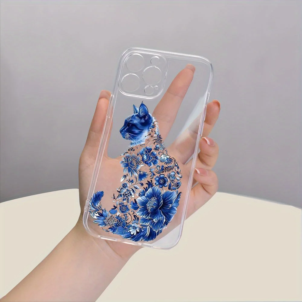 حافظة هاتف شفافة من مادة TPU على شكل زهرة زرقاء لهاتف آيفون 16، 15، 14، 13، 12، 11 Pro Max/Plus/Mini XR/XS/X MAX/7 8G Plus