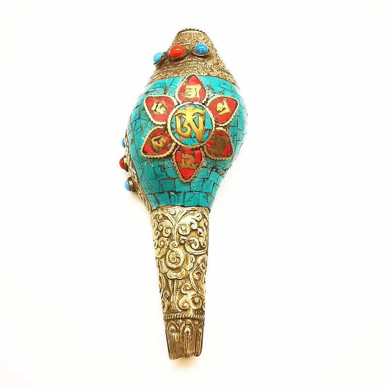 15CM Real Seashell Handicrafts Tibetan Buddhist Things Copper Capped Colorful Stone Craft Arts Free Shipping BC980