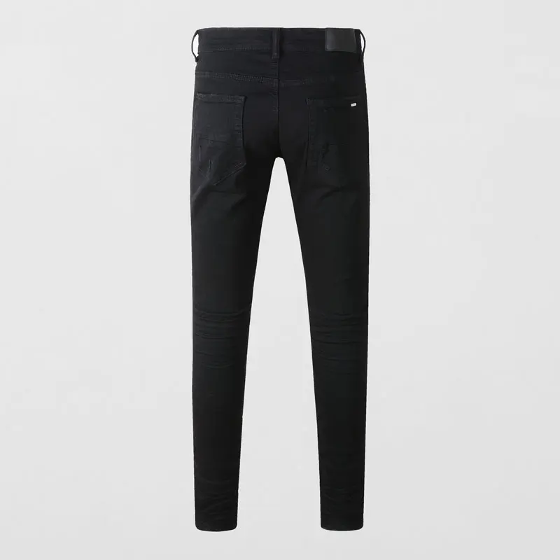 Men Solid Black Distressed Cut Hole Elastic Slim Denim Jeans Punk Urban Youth Fashion Denim Jeans hombre