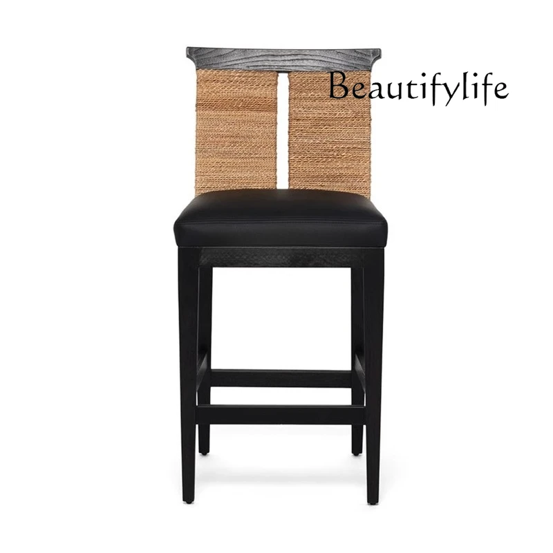 

Medieval solid wood bar chair Home cafe High chair Designer retro rope back chair