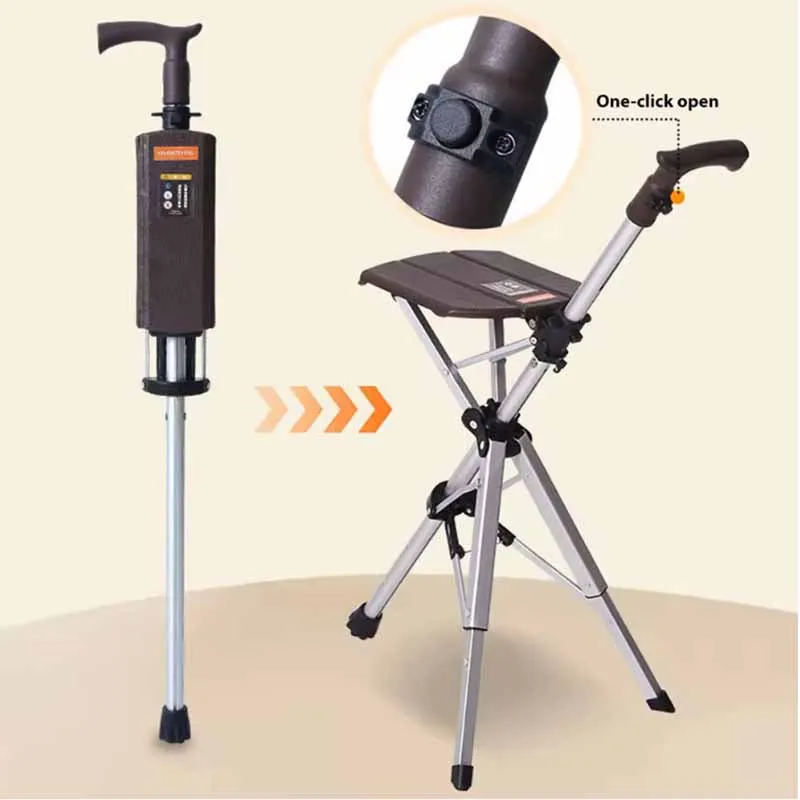 2in1 Walking Stick with Seat Folding Cane Stool Walking Cane Chair for Elderly Portable Mobility Aid with One-Button Open/Close