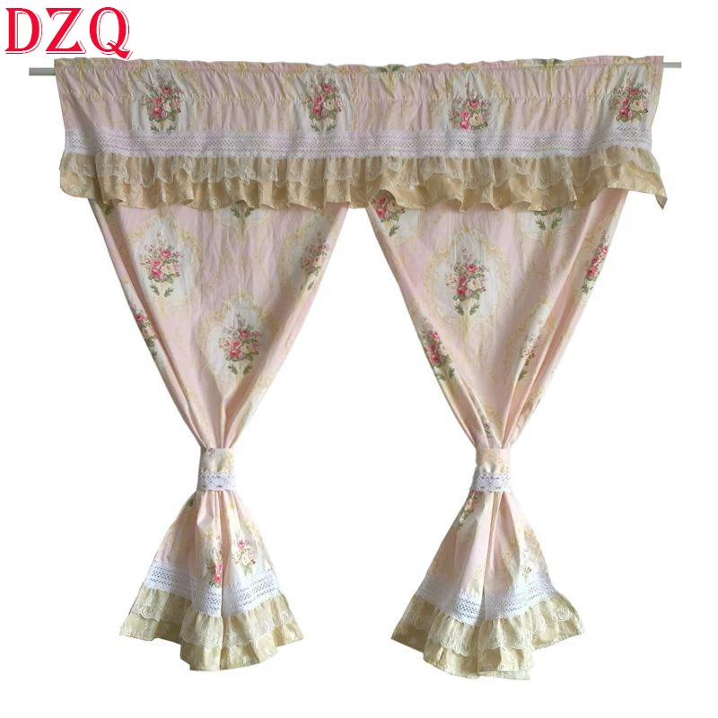 

Korea Pastoral Flowers Short Curtains for Kitchen Plaid Lace Half Curtain With A Curtain Valance and Split in the Middle #A656