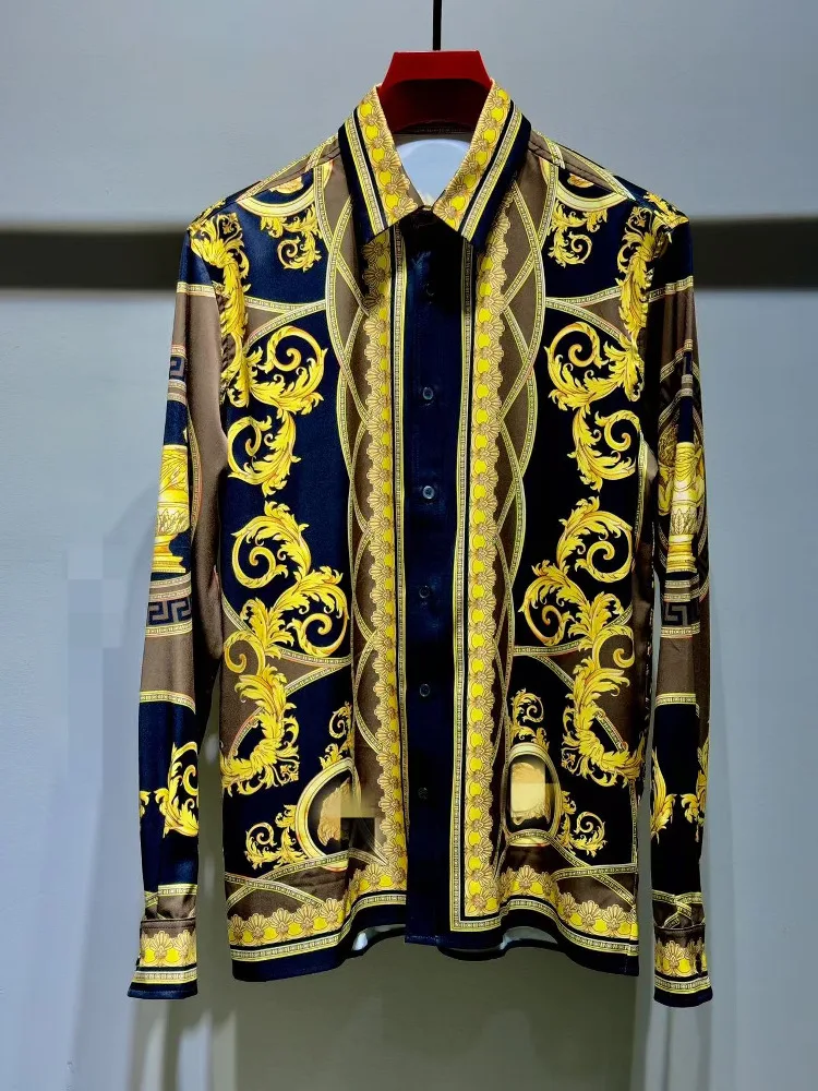 

Faionable Casual Slim Fit Long Sve Baroque Print irt for Men Large Size Ice Sensation Stand Fit Four Seasons Wear