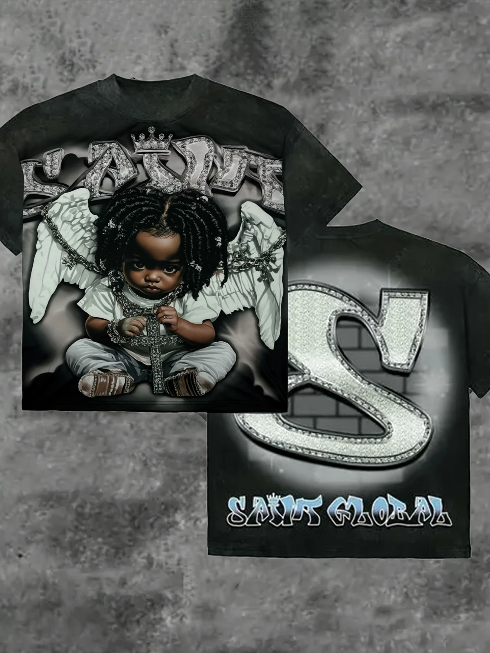 Family Matching T‑Shirt Black Angel Kid Portrait Diamond Rhinestone Letter Dual‑Side Print Hip‑hop Streetwear Sleeve Tee Tops