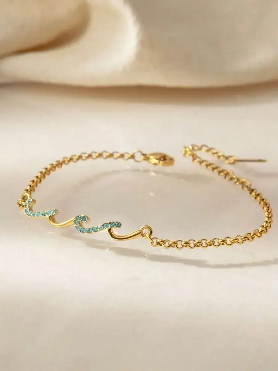 Minimalist Wave Pattern Bracelet With Blue Rhinestones, Chain Link Design, Summer Beach Fashion Jewelry For Women