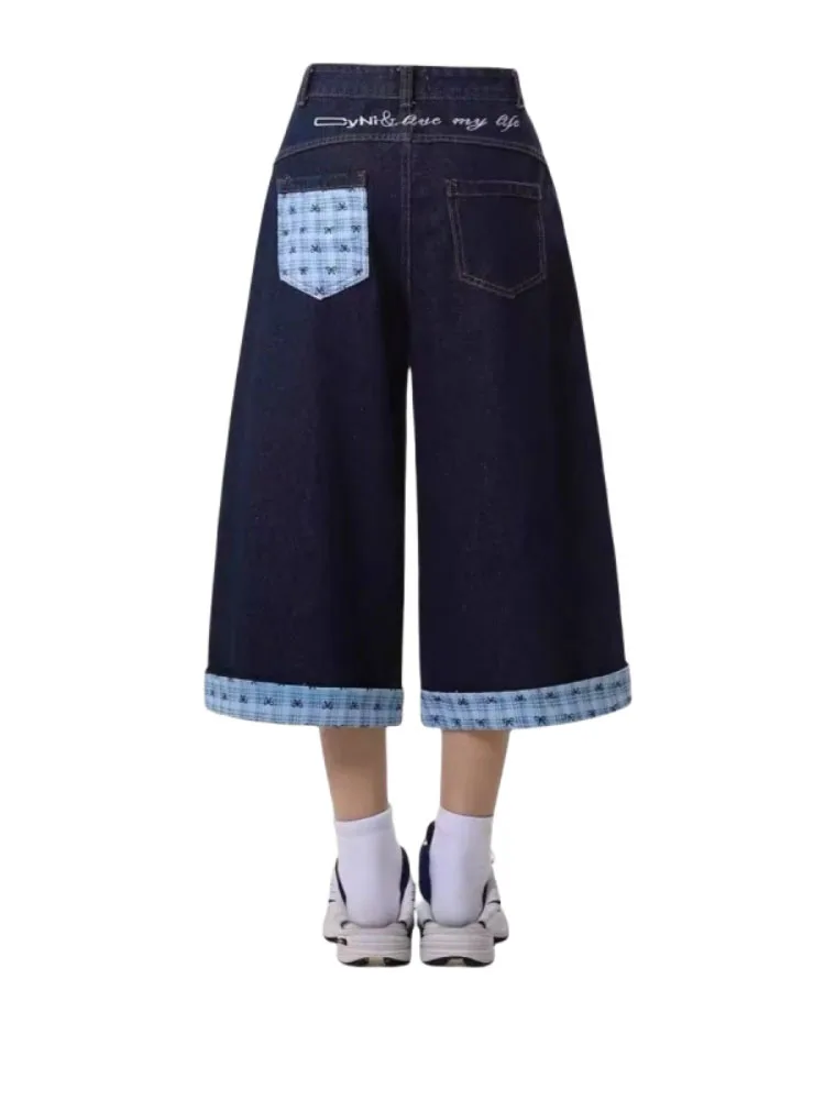 

Американские джинсовые брюки в клетку с вышивкой и узлом, женские летние повседневные свободные широкие брюки на семь футов