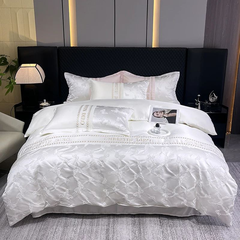 3/4Pcs White Luxury Egyptian Cotton Bedding Hotel Quality Washed Silk Cooling Queen Duvet Cover Summer Bedspreads Pillowcase