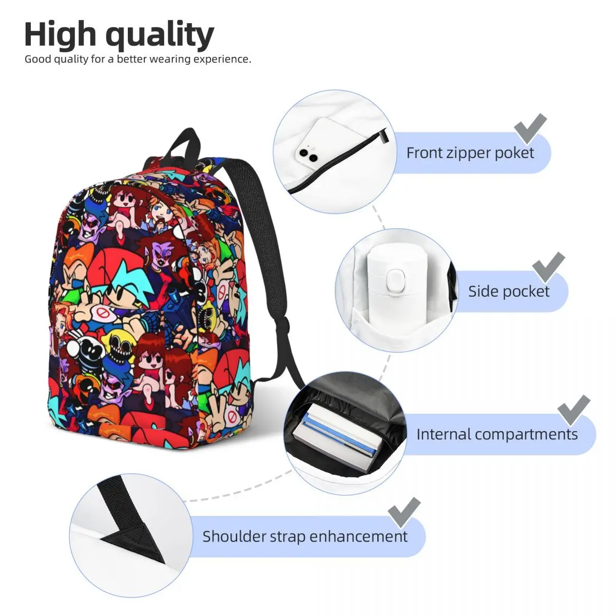 Friday Night Funkin Collage for Teens Student School Bookbag, Daypack, Elementary High imprimés, Durable