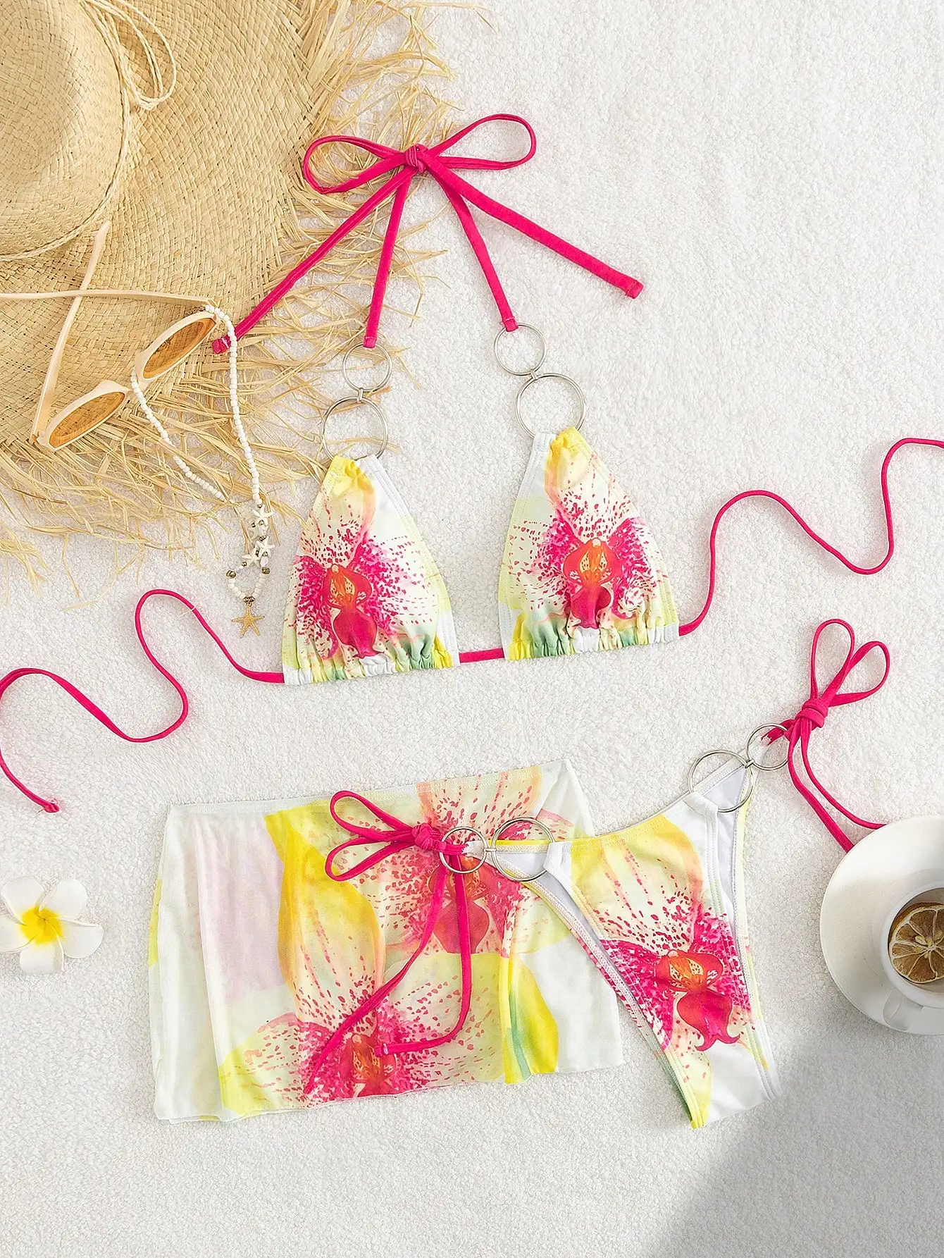 Vibrant Orchid-Print Triangle Bikini With Adjustable Pink Ties, Metal Rings, And Sheer Mini Skirt Cover-Up For Beach Or Festival