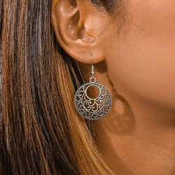 Trendy Jewelry Bohemian Vintage Ethnic Tibetan Silver Long Big Hollow Round Drop Earring Carved Flowers Dangle Earrings Women