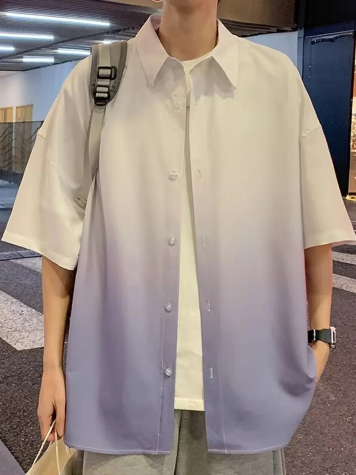 Graduated Color Ice Silk Short Sleeve Shirt Men Women Summer Thin Loose Casual Five Sleeve Shirt Couple Top Outerwear