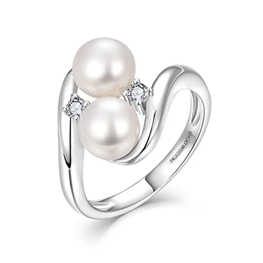 

JO WISDOM Pearl Ring, 925 Sterling Silver Cubic Zirconia Women's Rings with Two Pearls 7mm White Freshwater Cultured Pearl