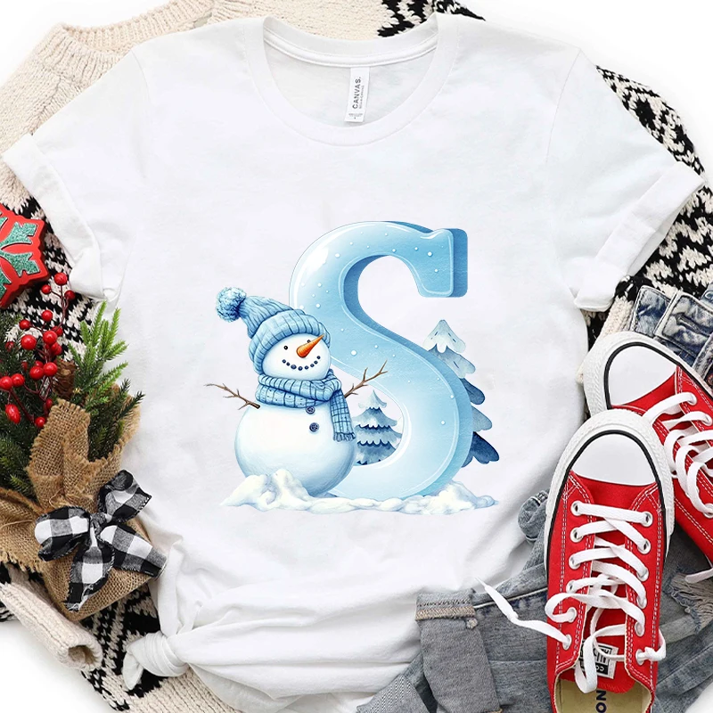 Camiseta feminina do alfabeto A-Z de Natal, camiseta gráfica do boneco de neve com estampa de férias de Papai Noel, roupas femininas casuais da moda para festa de Natal