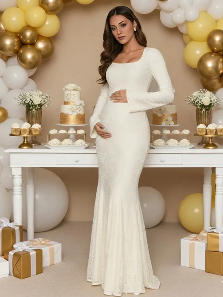 Elegant White Lace Long Sleeve Backless Maternity Photoshoot Dress Pregnancy Photo Lace Gown Baby Shower Outfit Hot Selling
