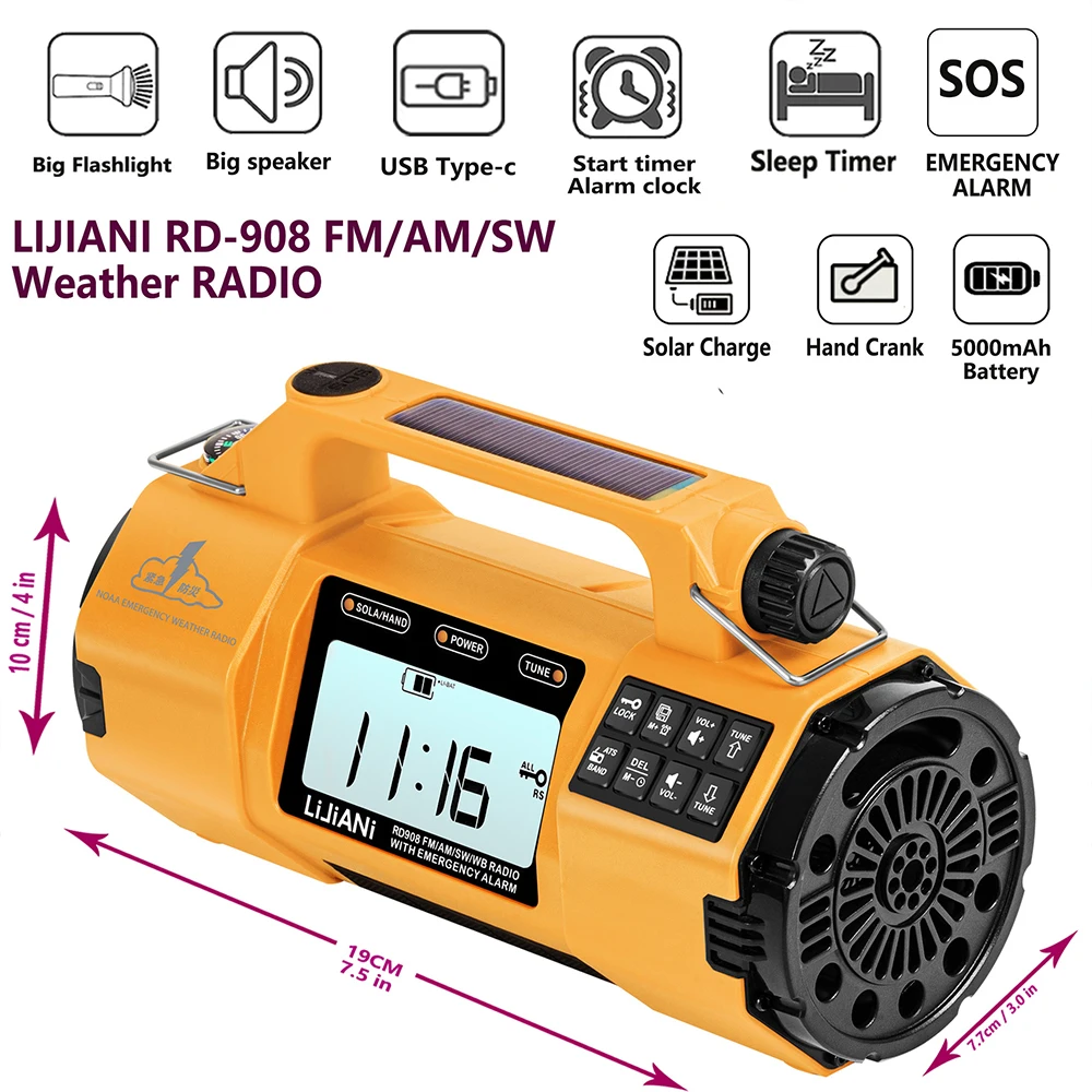 

5000mah Multi-Function Emergency Radio with AM/FM/SW/ ＮＯＡＡ, Large Flashlight, Large Speaker, Hand-Crank Generator