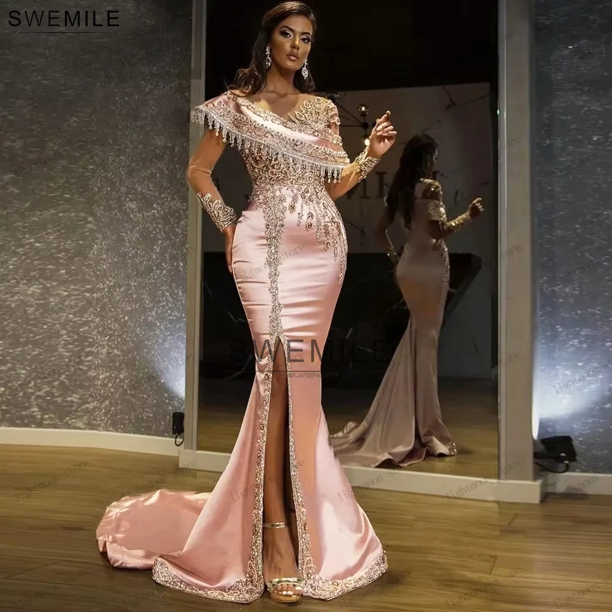

SWEMILE Luxury Women Pink Mermaid Evening Dress Lace Applique Long sleeve Beaded Princess Prom Gowns Side Split Formal Celebrity