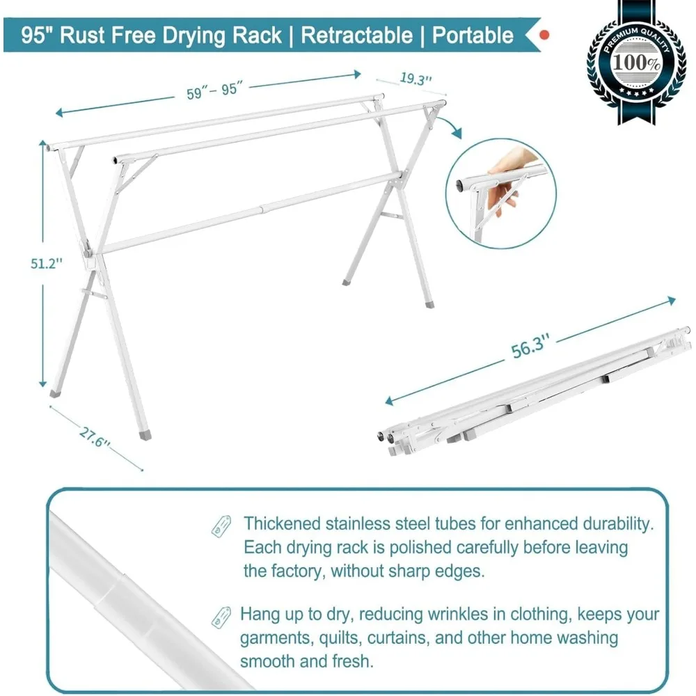 Heavy-Duty Stainless Steel Indoor/Outdoor Clothes Drying Rack, 95 Inches, Folding Laundry Drying Rack for Heavy Use