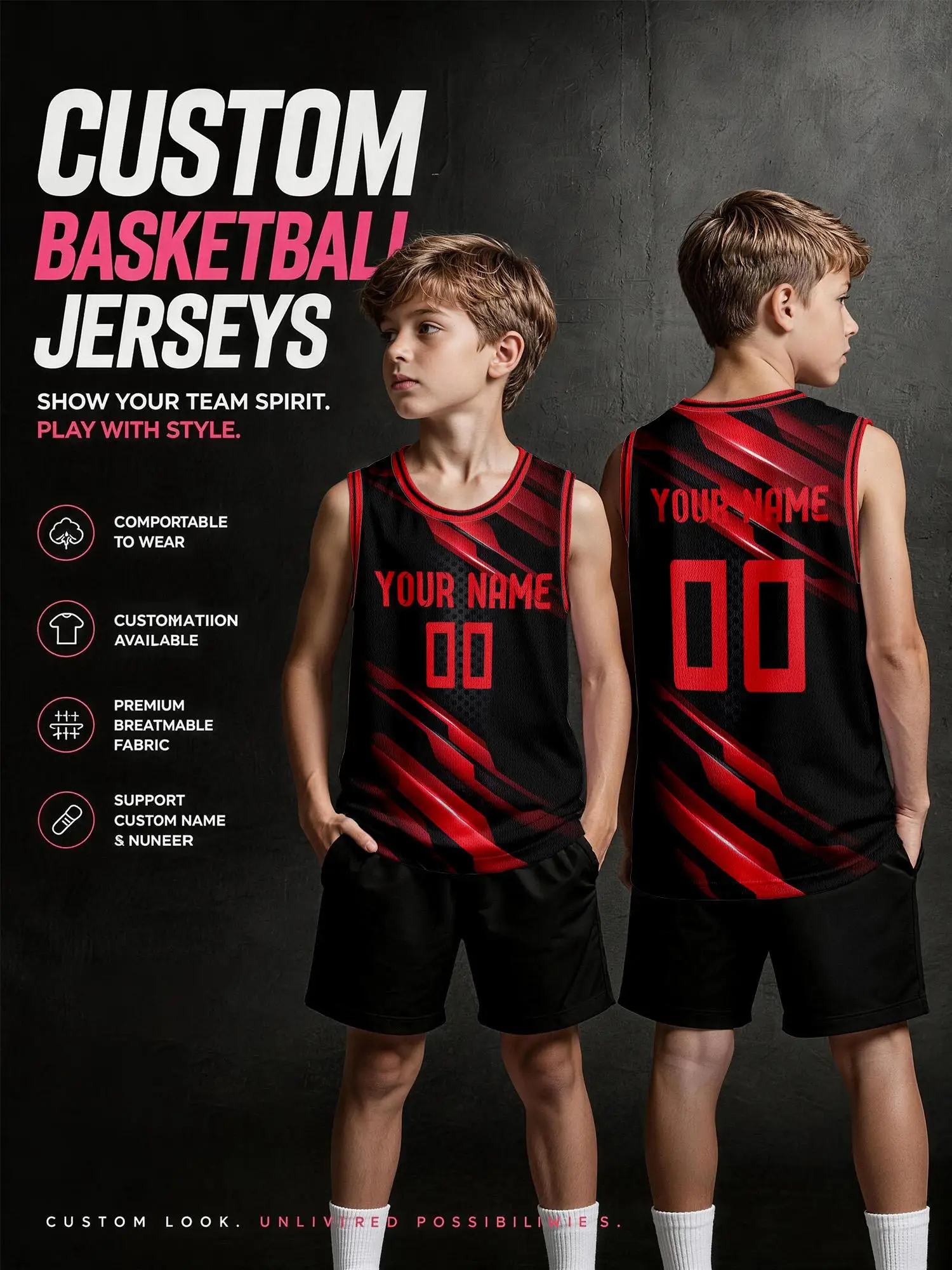 Black‑Red Dynamic Stripe Custom Basketball Jersey, DIY Name & Number, Breathable Quick‑Dry Set For Adults & Kids