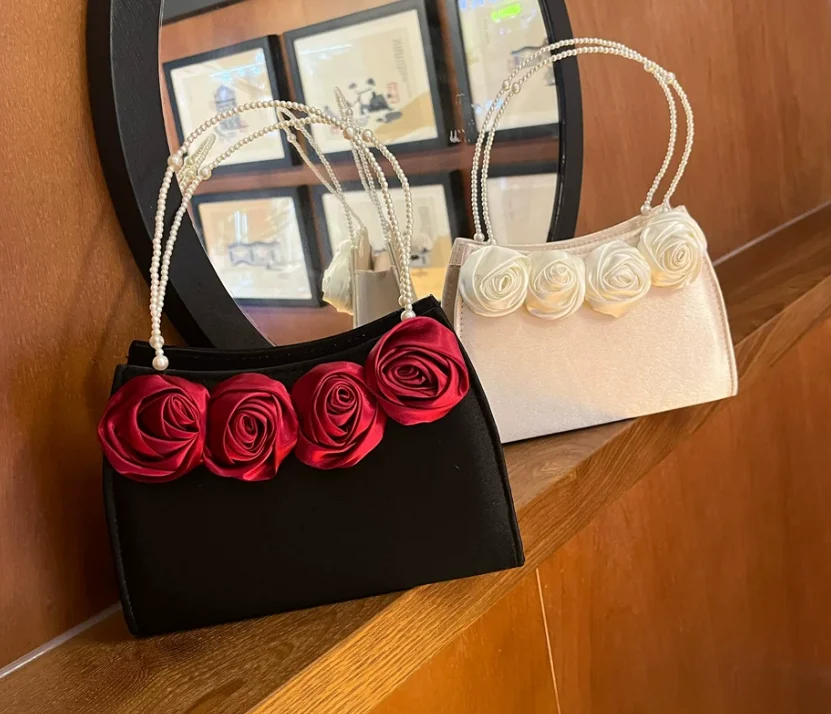 Bolso de Mano Retro con Perlas y Detalle de Rosa, Estilo Palacio, Bolso Qipao, Clutch de Fiesta para Mujer, Verano 2026