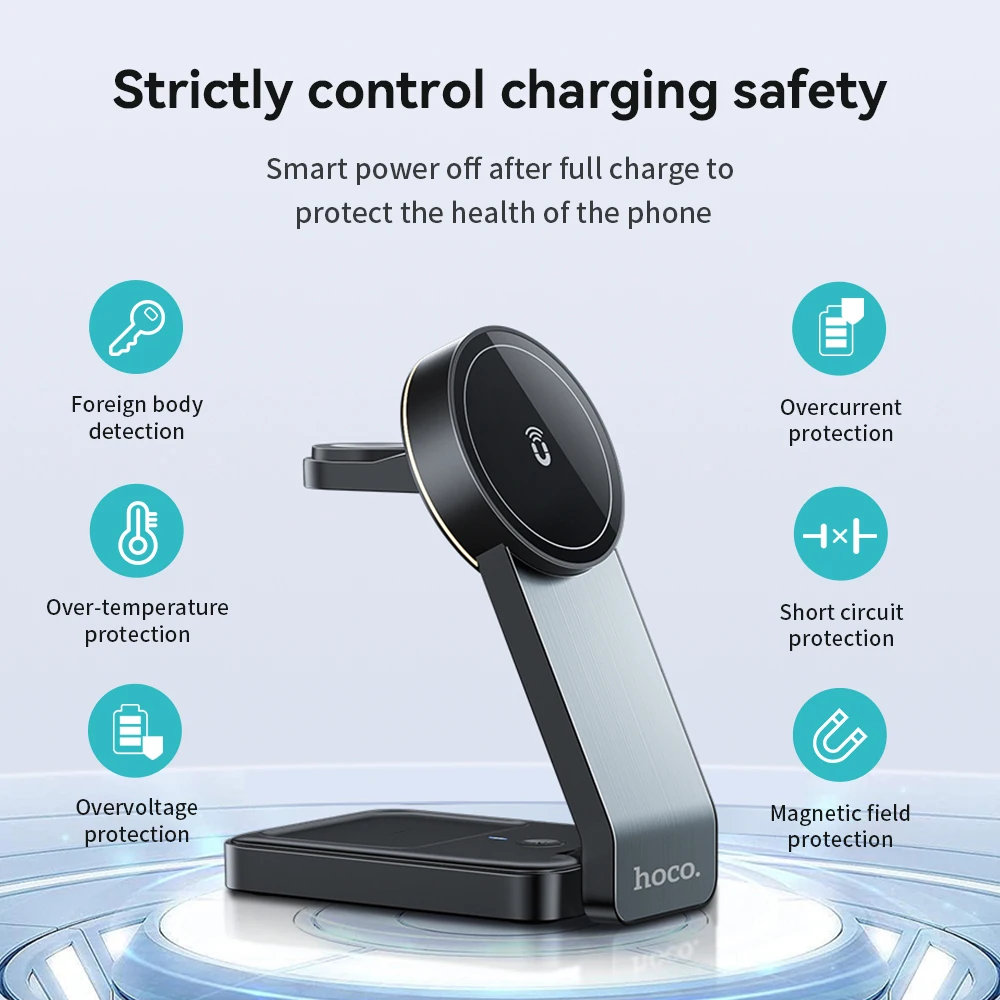 HOCO CQ3 3-in-1 Folding Magnetic Wireless Fast Charger Stand Holder For Iphone16 15 14 Pro Mobile Phones Watch Wireless Charging view 6