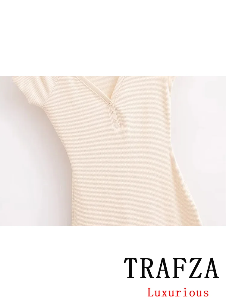 TRAFZA Vintage Casual Chic Women Dress Solid Slim V-Neck Button Short Sleeve Long Dress Fashion 2024 Autumn Female Dress