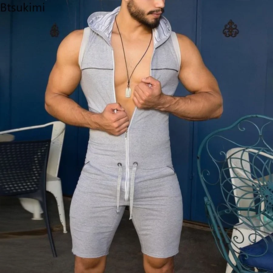 New 2024 Men\'s One Piece Tight Fitness Jumpsuit Zipper Sleeveless Hooded Rompers with Pockets Male Fashion Rompers Pajamas Sets