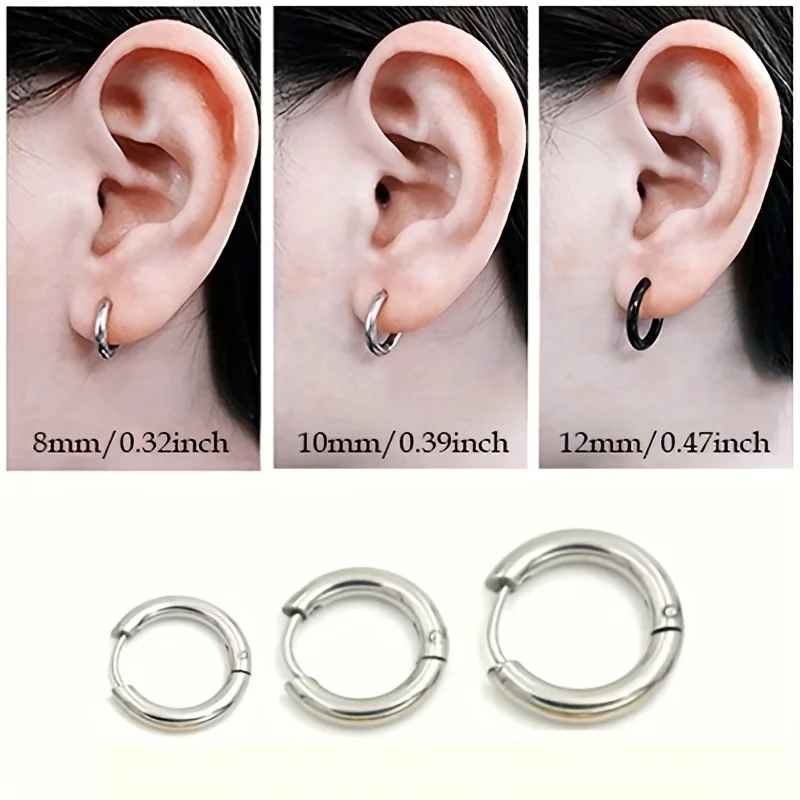 1 pairs Unisex Punk Hypoallergenic Stainless Steel Small Round Hinged Hoop Earrings Set for Men and Women 8mm/10mm/12mm Sizes