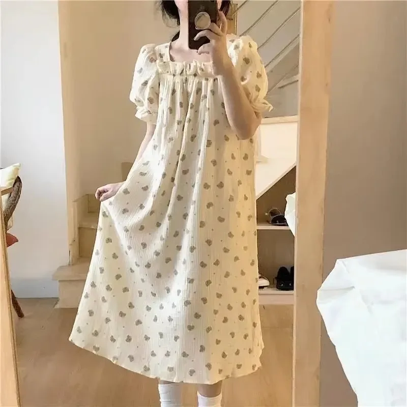 Cute Nightwears Mid Length Korean Version Women\'s Home Wear Dress New Pajamas Sleepwear Women\'s Cotton Clothes for Sleep Summer