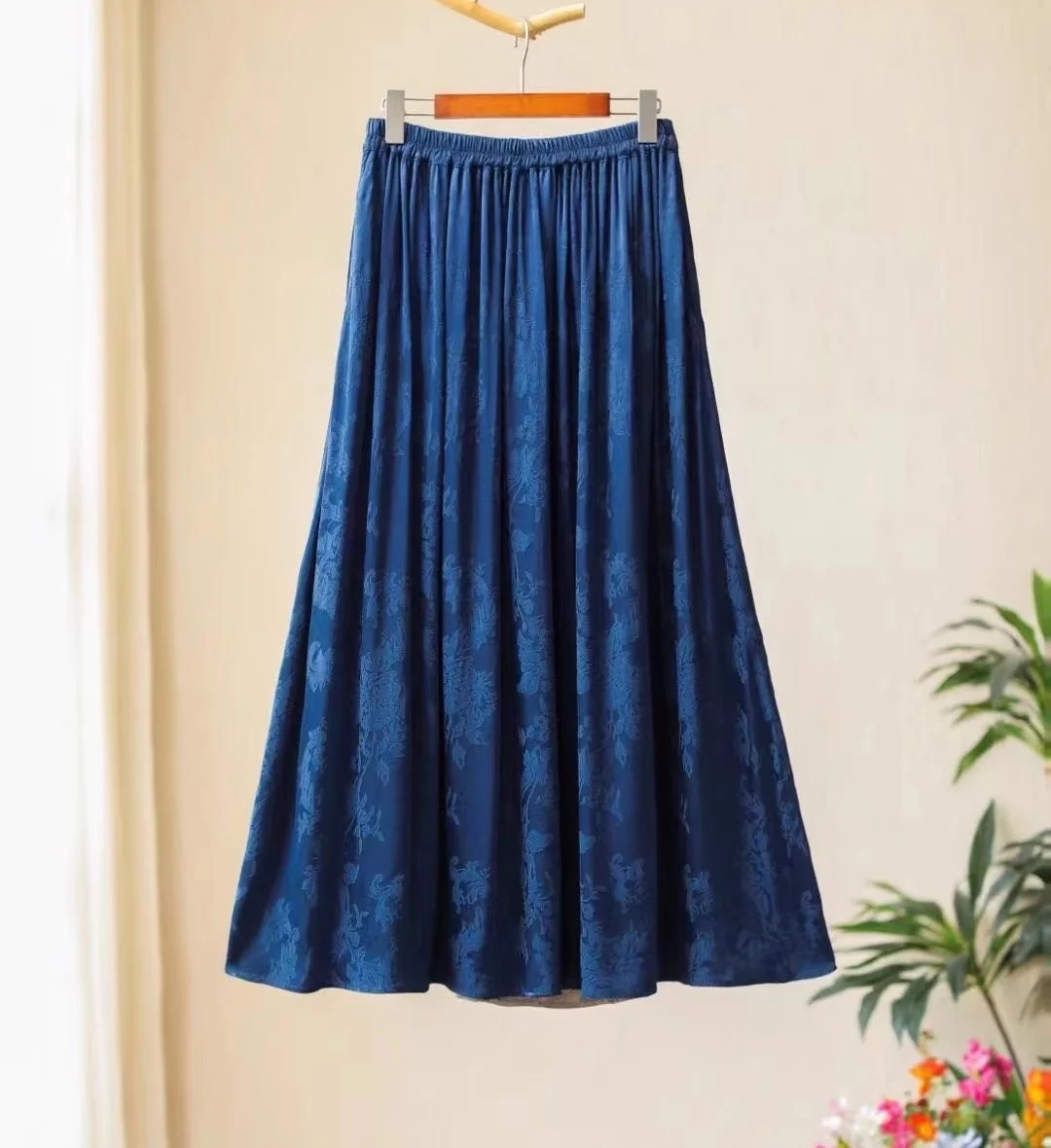 Luxury Satin skirt Chinese style embroidery Long skirt Vintage Acetate Jacquard A-LINE ladies Blue Umbrella skirt Women clothes