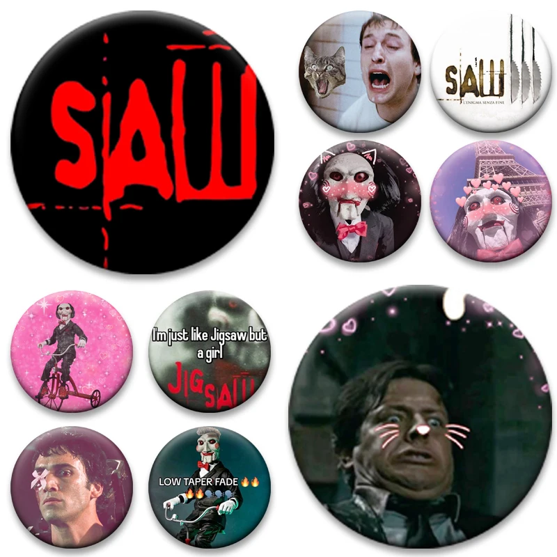 Classic Horror Movie Saw 2004 Tinplate Brooches Adam Meme Creative Badge Round Lapel Pins for Clothes Bag Decoration Fans Gifts