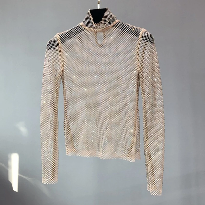 Glitzernde Netz-Diamant-Hohlmuster-T-Shirts Sexy Langarm-Rollkragenpullover für Damen Durchbrochenes Pailletten-Shirt Party Clubwear Großhandel – Detail 7