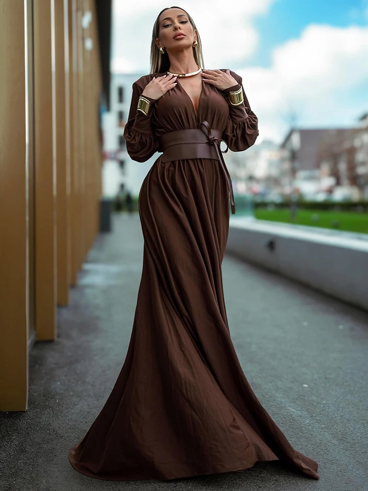 VC 2024 Spring Fashion Dresses For Women Plunging V Neck High Waist Belt Long Sleeves Wedding Party Dress Brown Gowns