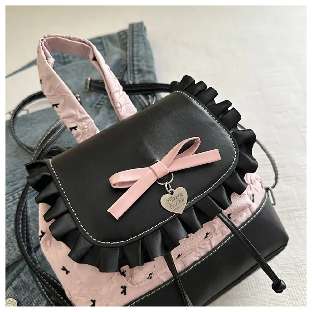 Sweet Black&pink Ballet Style Backpack Bowknot Pattern Versatile Bucket Bag Adjustable Belt Ruffled Lace Trim Backpack Commute