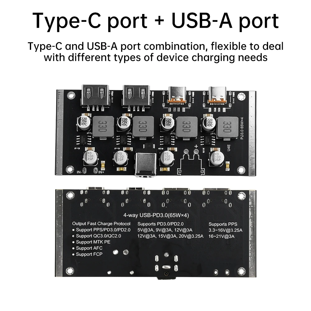 وحدة شحن سريع PD65W واجهة من النوع C تدعم PD3.0/2.0 QC3.0/2.0 FCP AFC شحن سريع رباعي الاتجاه من النوع C + USB A Board