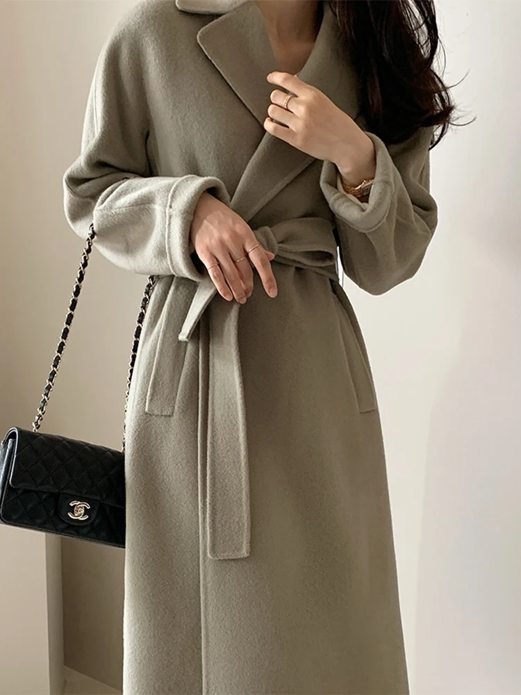 Ele longo casaco de lã chique outono novo sle vintage gola com cinto emagrecimento outerwear para mulheres commute sle cor pura
