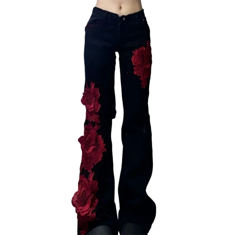 Y2K Vintage Women Black Flare Jeans Red Rose Embroidery Patchwork Denim Pants Slim‑Fit High Street Long Trousers Fashion Casual