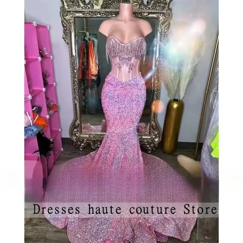 

2026 Sexy Pink Sequins Tassels Long Prom Dresses Black Girls Diamond Plus Size Mermaid Formal Party Gowns For Black Girl Customi