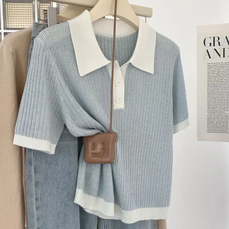 

Korean Style Ribbed Polo Shirt Short Sleeve Knit Top with Color Block Collar Morandi Blue Casual Tee Summer Wardrobe Must-Have