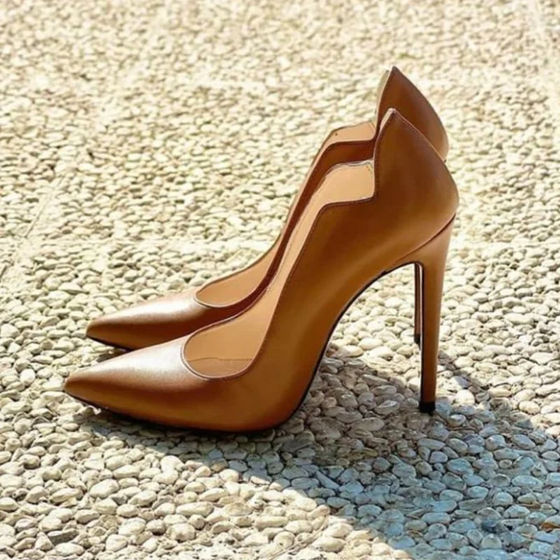 

Matte Brown Leather PU Women Pumps Pointed Toe Slip On Shallow Stiletto High Heels Dress Shoes 12cm 10cm 8cm Big Size 46