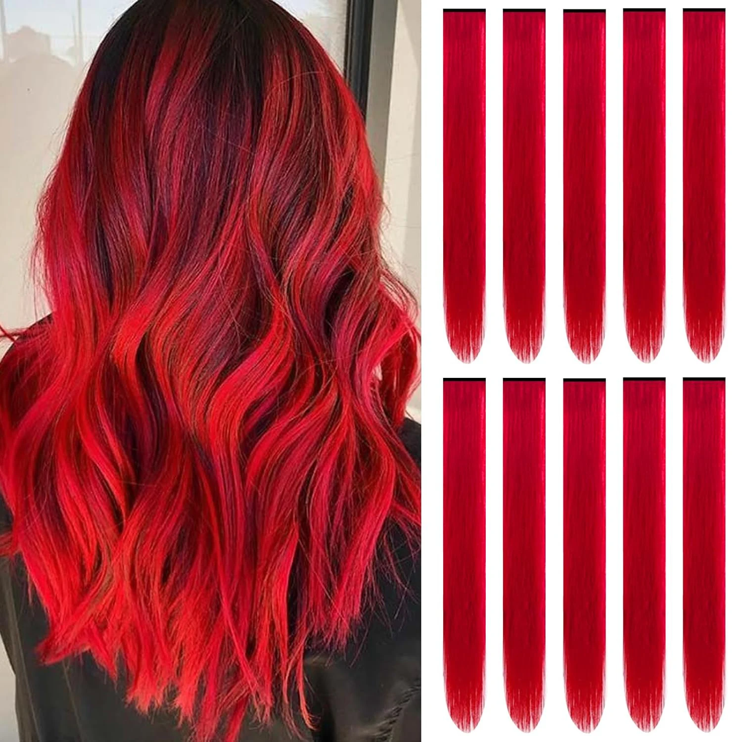 5/10 PCS Red Hair Extensions Clip-in Colored Accessories for Teen Women Gift Red Wig Extensions 22 Inch, Long Straight Synthetic