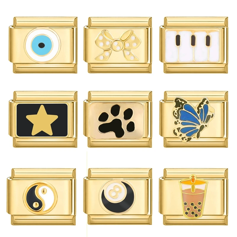 Nuovo colore oro diavolo occhi farfalla stella fiocco gatto ciliegia ciondoli italiani collegamenti in acciaio inossidabile misura bracciale da 9 mm creazione di gioielli fai da te