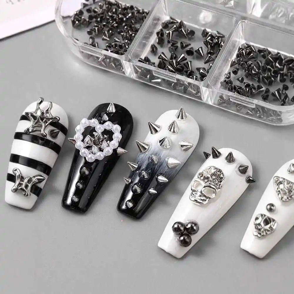 6Grids 3D Mini Punk Metal Nail Studs 1/2/3mm Mix Size Silver Black Nail Art Charms Alloy Rivets Stick Cone DIY Crafts Decoration