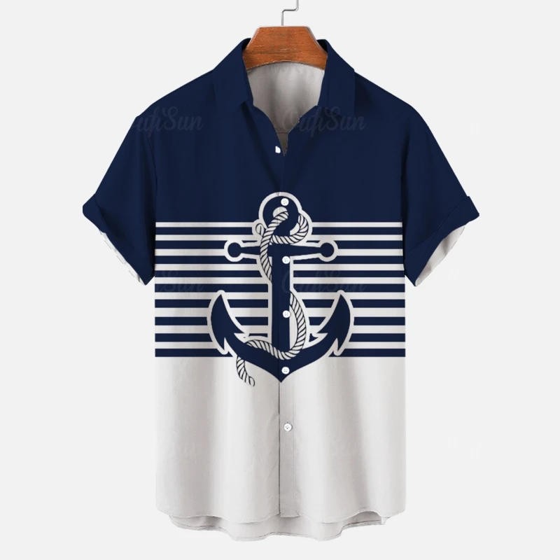 2026 Men's Shirt 3d Boat Anchor Stripe Print Hawaiian Shirts For Men Daily Casual Short Sleeve Loose Oversized Clothing view 3