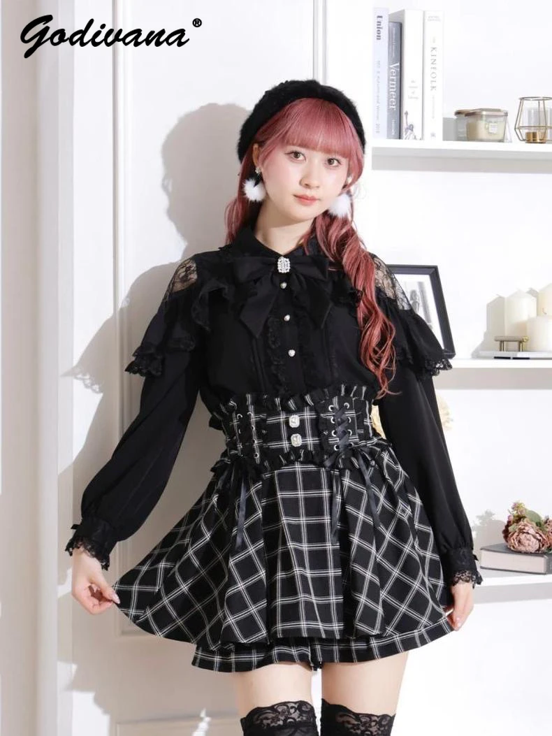 Sweet Japanese Mine Cape Ruffled Lace Stitching Shoulder Long Sleeve Shirt Spring and Autumn Women\'s Lolita Bowknot Blouse Tops