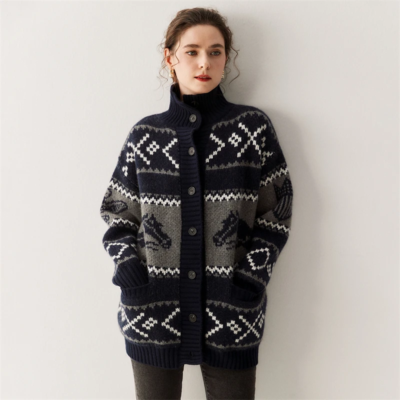 

Шикарный жаккардовый толстый свитер Fair Isle, роскошное женское осенне-зимнее пальто из 100% кашемира, повседневный свободный вязаный кардиган, теплое пальто