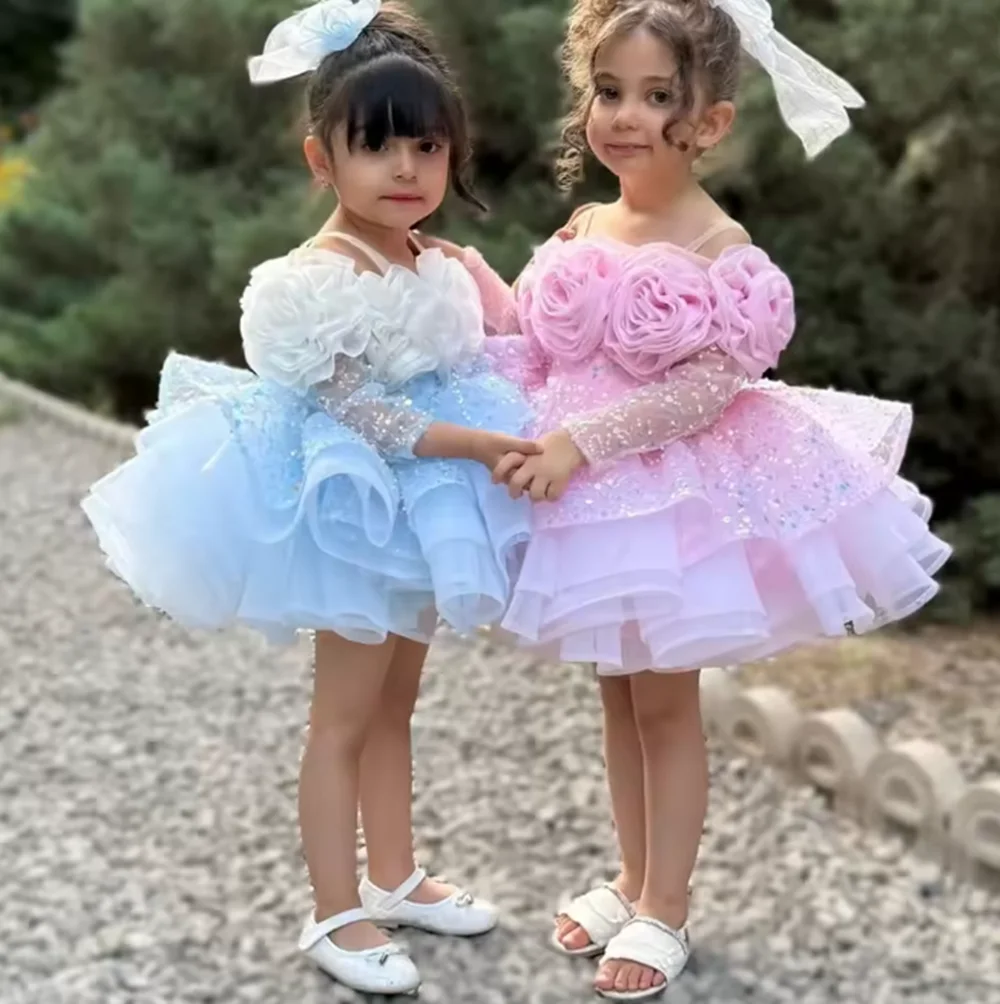 Vestido de lujo de flores para niña, vestido de encaje de manga larga de princesa para niños pequeños, boda, 1er cumpleaños, desfile, fiesta, baile