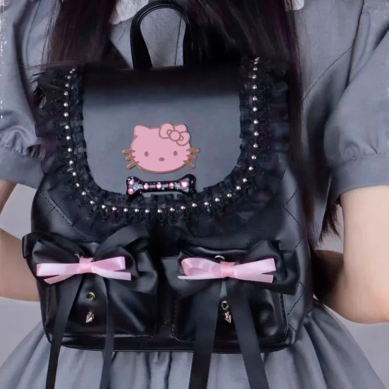 Xiuya Black Hello Kitty Womens Backpack Sweet Bow Fashion Elegant Cute Backpacks Casual Pu Leather Lolita Jk Vintage Female Bags